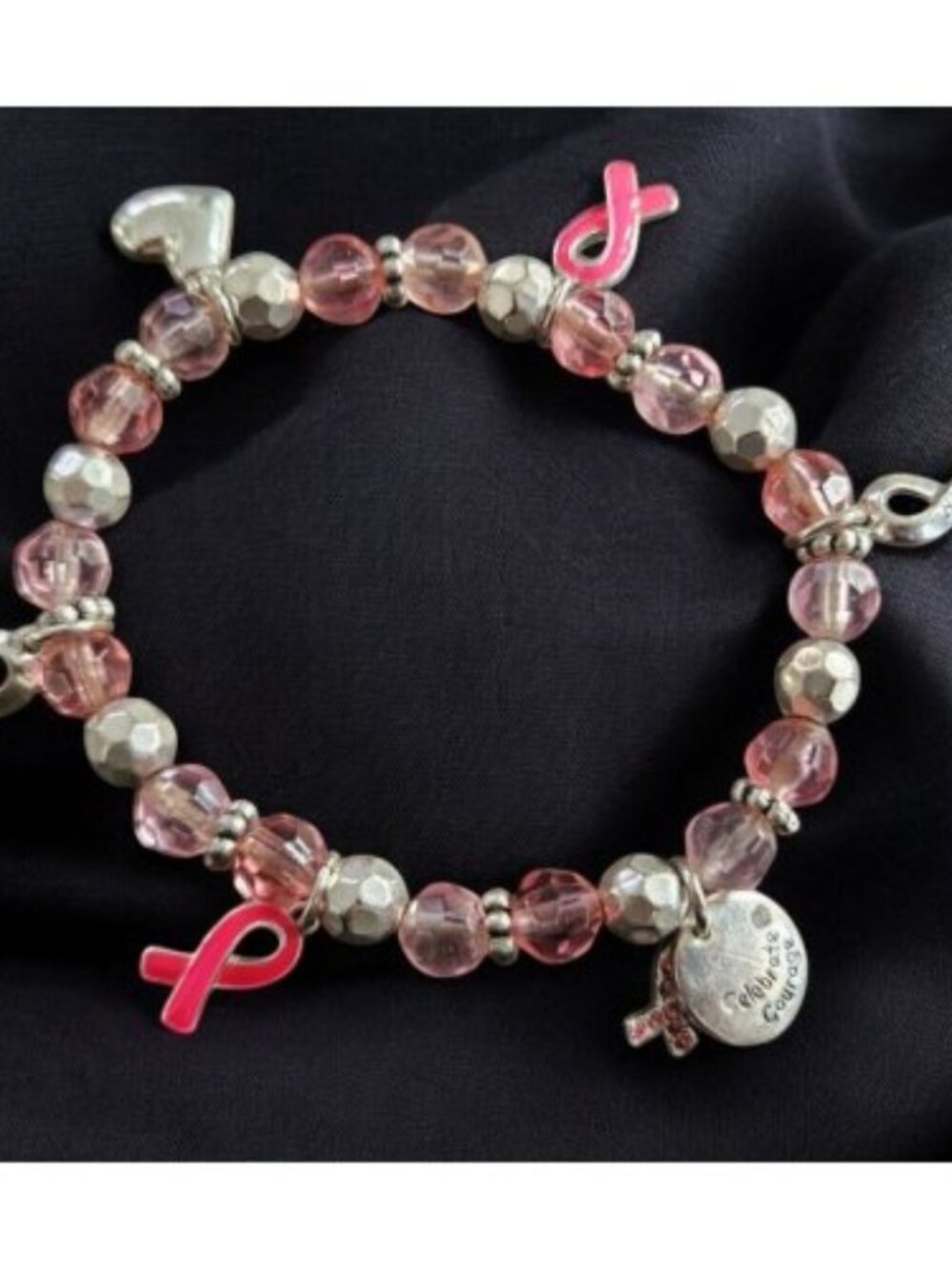 Vintage Avon Pink Beaded BCA Breast Cancer Awareness Ribbon Charm Bracelet